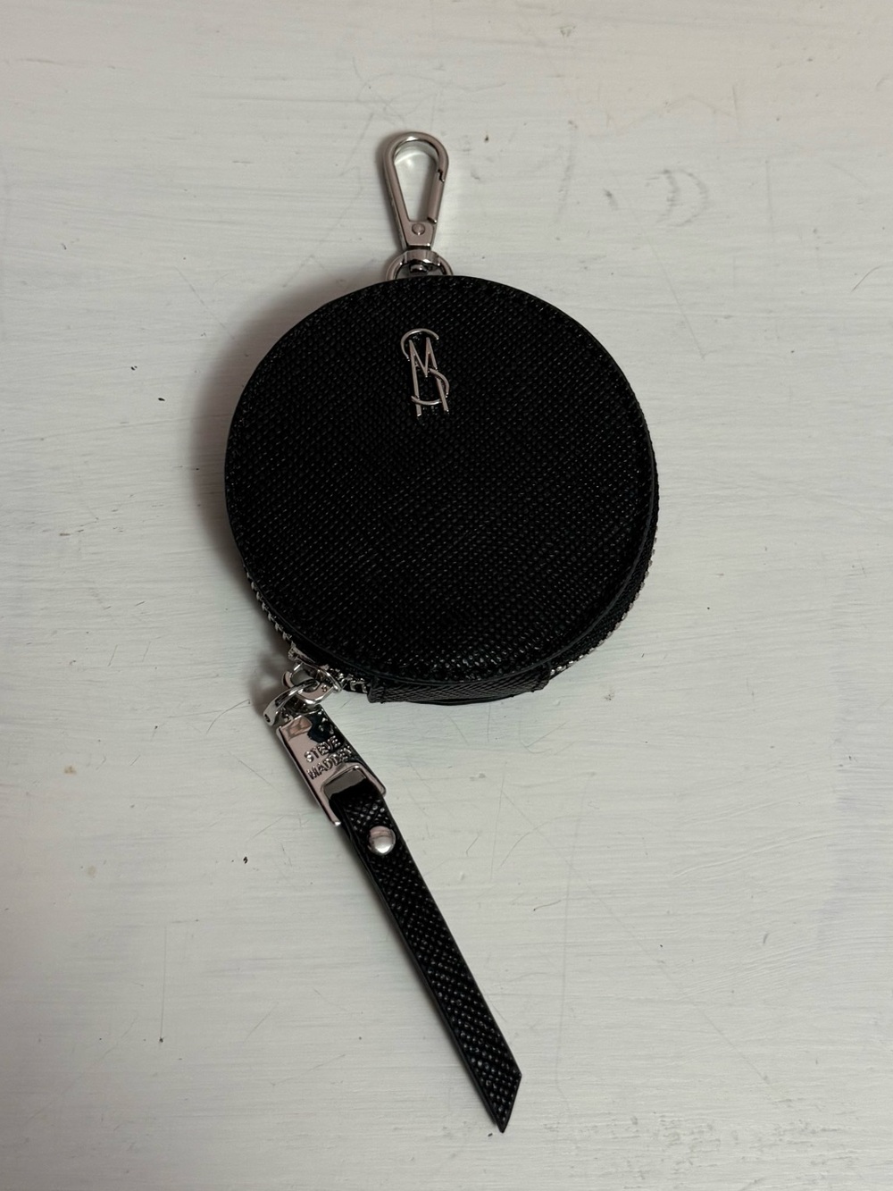Steve Madden Black Round Coin Pouch/Airpod Case with Silver Hardware